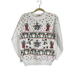 Vintage Christmas Sweatshirt White M Metallic Holiday Festive Classic 90s Chic